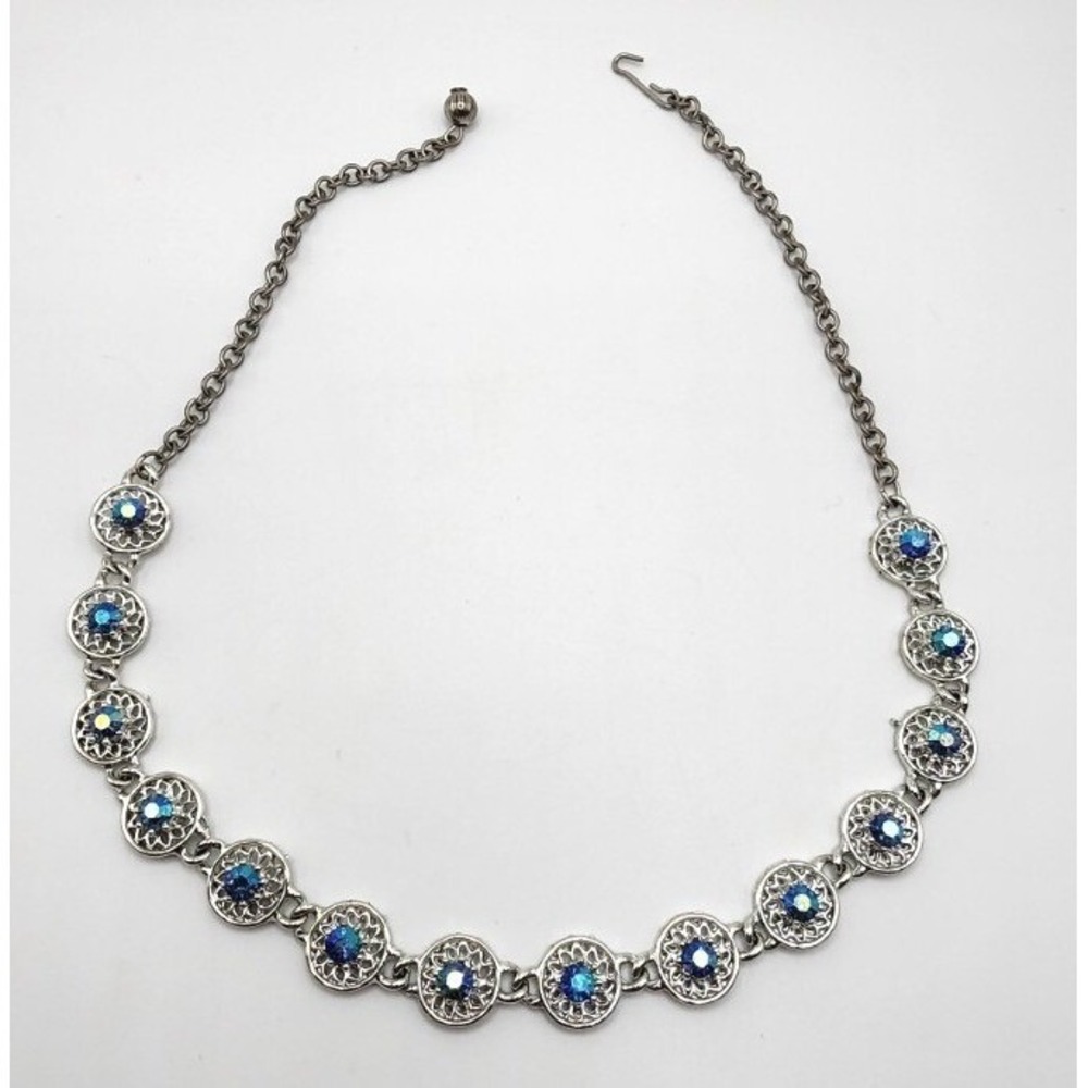 Vintage Dark Blue Aurora Borealis Rhinestone Silver Tone Filagree Necklace 17.5" - Picture 15 of 15